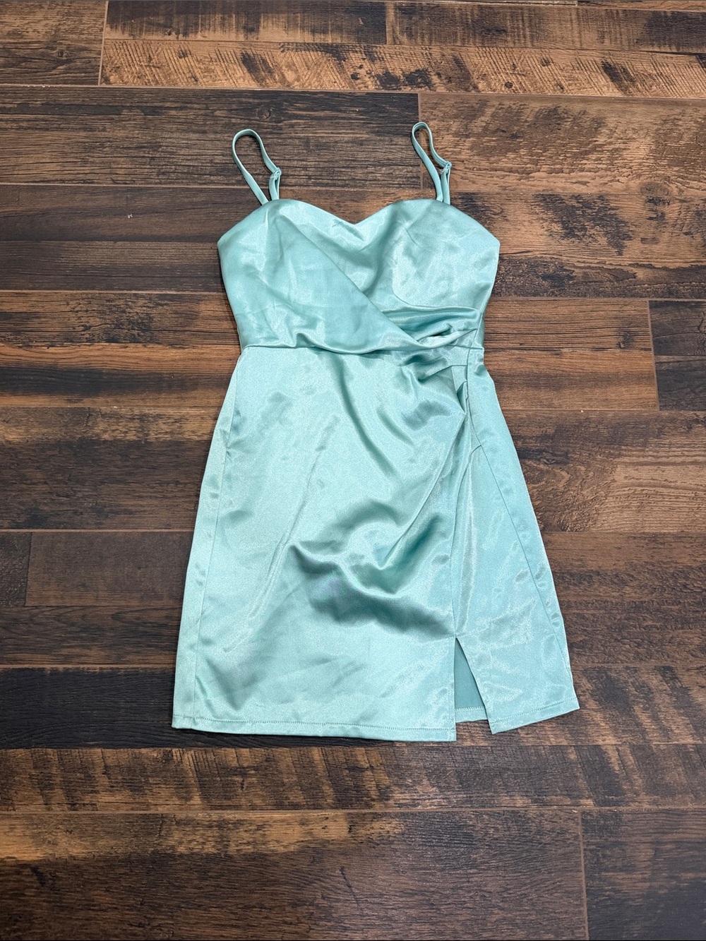 Xtraordinary Seafoam Satin Wrap Mini Dress